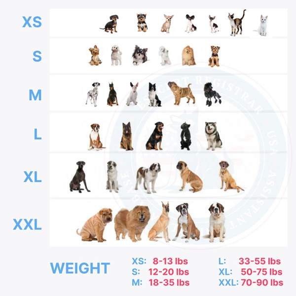 ESA vest size chart for dogs breed