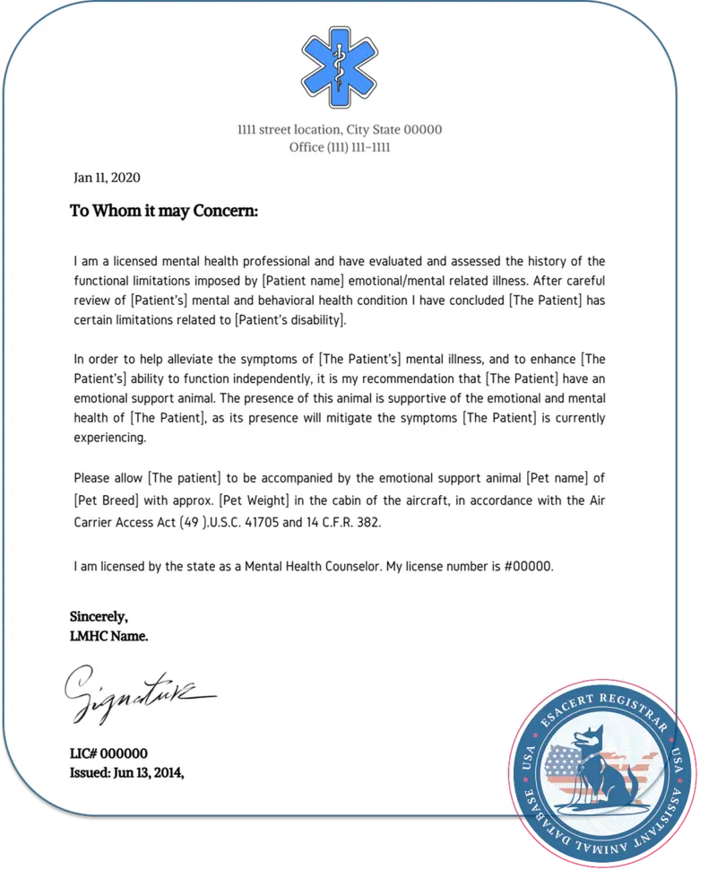 ESA Doctor's Letter ESAcert