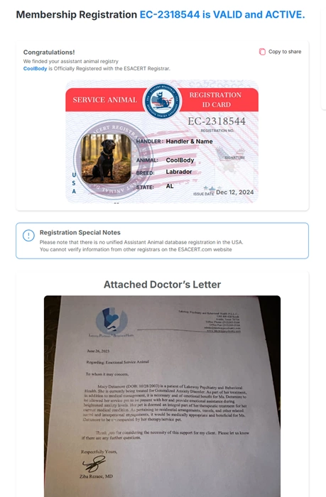 ESAcert Service Animal Registration with doctors letter sample